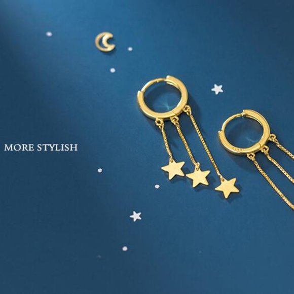 NEW 925 Sterling Silver Star Chain Drop Huggie Hoop Earrings - Picture 5 of 7